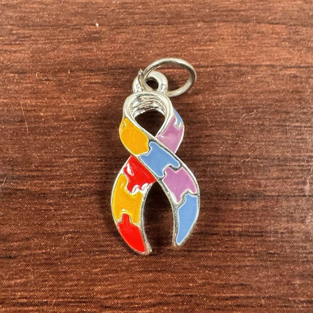 Necklace Pendant Colorful Jigsaw Puzzle Ribbon Autism Awareness Enamel 1” Charm
